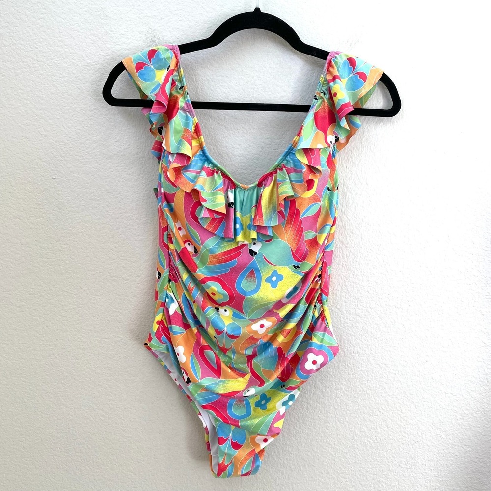 NWOT‎ Kenny Flowers Womens M/L Caribbean Ruffle One Piece With Ruching Swimsuit